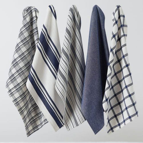 Assorted blue woven cotton kitchen dishtowel set designed for wholesale suppliers & bulk importers.